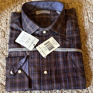 Thomas Dean Men's Dark Blue and Brown Plaid Shirt
